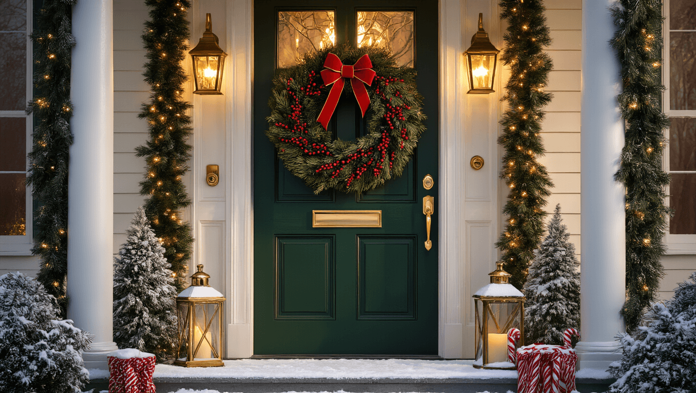A beautifully decorated front door entrance for Christmas, featuring a large evergreen wreath with red berries and a golden bow, surrounded by snow-dusted steps, garland-wrapped columns, and glowing lanterns, all set against a deep forest green door and cream siding.