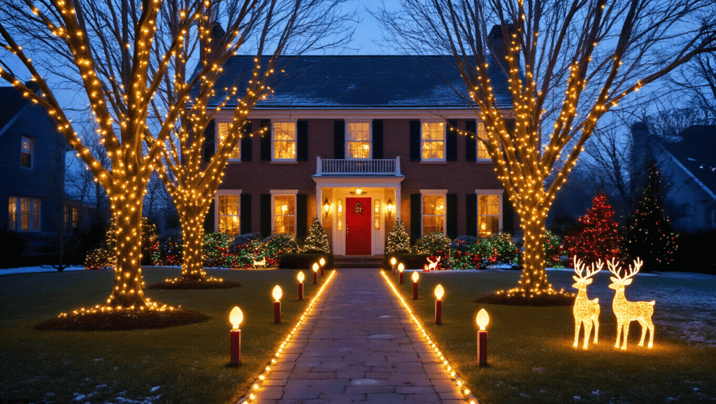 Cinematic twilight scene of a colonial home adorned with warm LED string lights, golden stake lights along a snowy pathway, a red front door, and decorated evergreen bushes, creating a magical holiday ambiance.