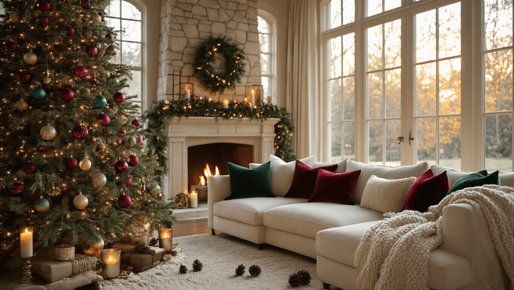 Magical Living Room Christmas Decor: Transform Your Space into a Festive Wonderland Cinematic wide shot of an elegant Christmas living room with a tall tree, vintage ornaments, a cream sectional sofa, a stone fireplace adorned with garland and candles, and warm golden hour light creating a cozy ambiance.