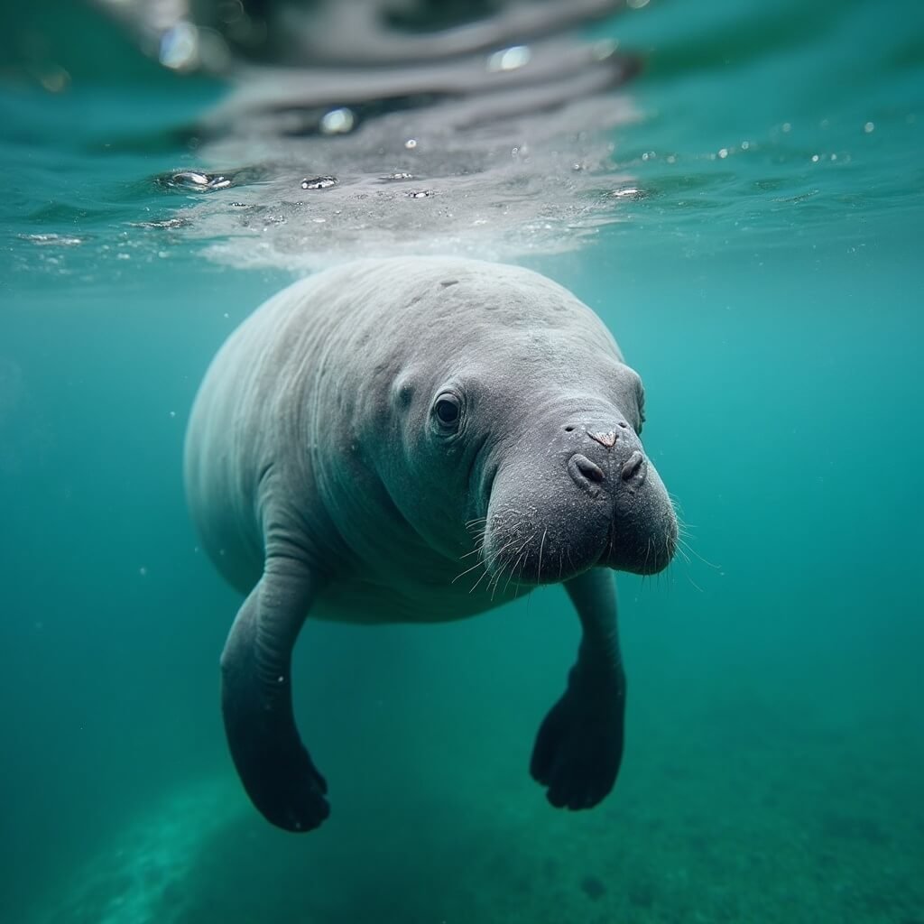 Close-up of a gray manatee swimming in crystal clear blue-green spring water with sunlight rays penetrating the surface, Florida springs environment