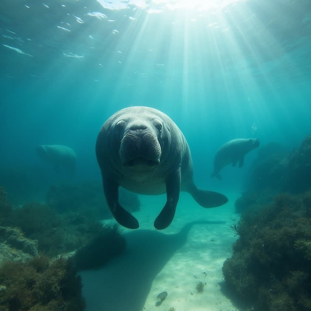 Manatee approaching curiously in a crystal-clear spring, with sunlight filtering through water, other manatees in background and lush aquatic vegetation on sandy bottom.