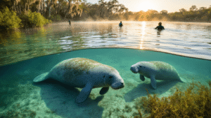 "Manatees swimming in crystal-clear 72-degree spring water at Crystal River with early morning mist, swimmers observing in background and lush vegetation capturing the serene wildlife sanctuary atmosphere at sunrise."