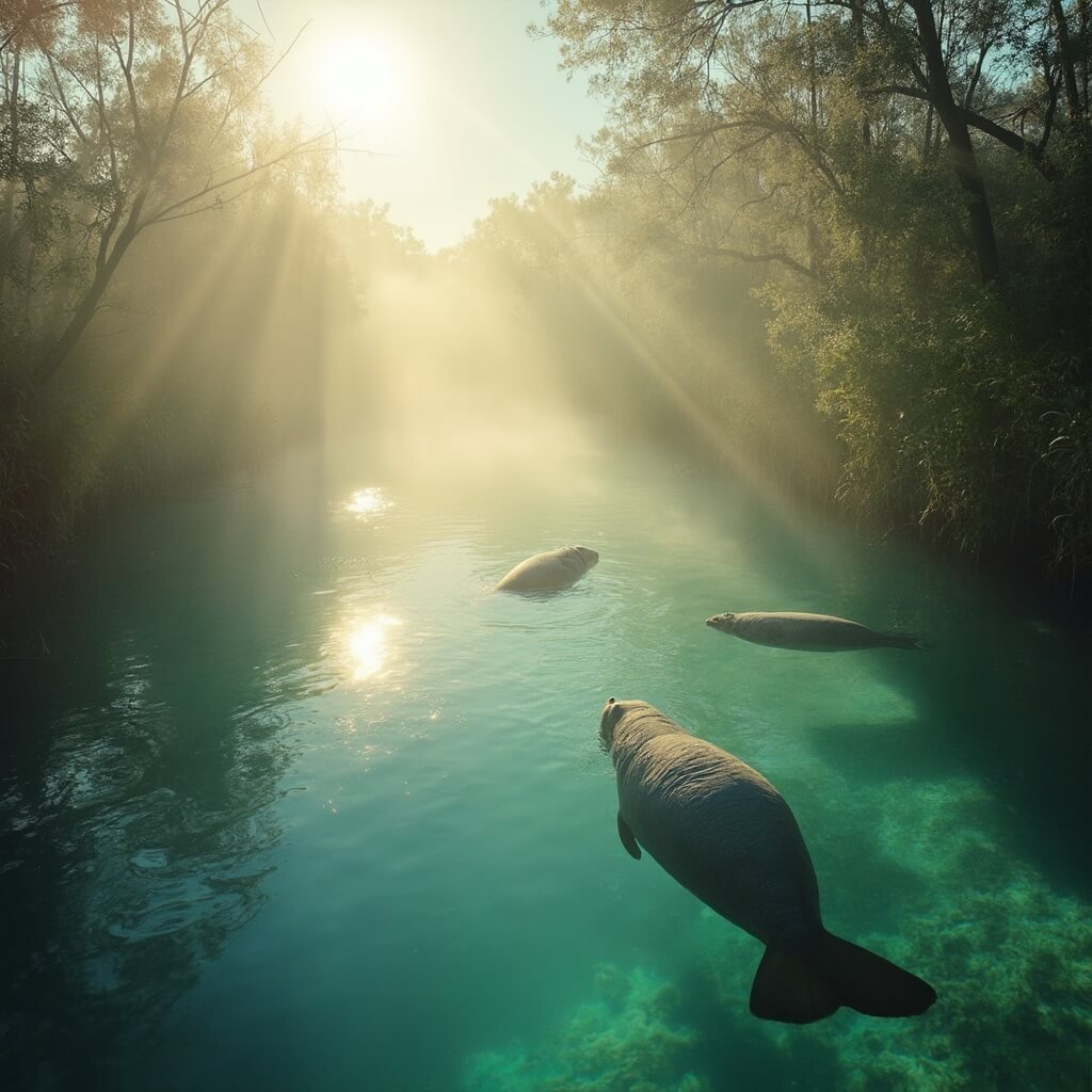 Manatees peacefully surfacing in the misty crystal-clear turquoise water of Crystal River springs at sunrise, surrounded by Florida wetland vegetation and cypress trees.