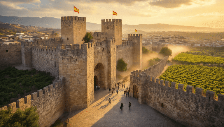 "Medieval fortress with Spanish flags in Andalusian landscape, visitors entering through arched gates, surrounded by vineyards and olive groves, El Puerto de Santa María town in background, highlighting 13th-century Moorish and Christian influences"