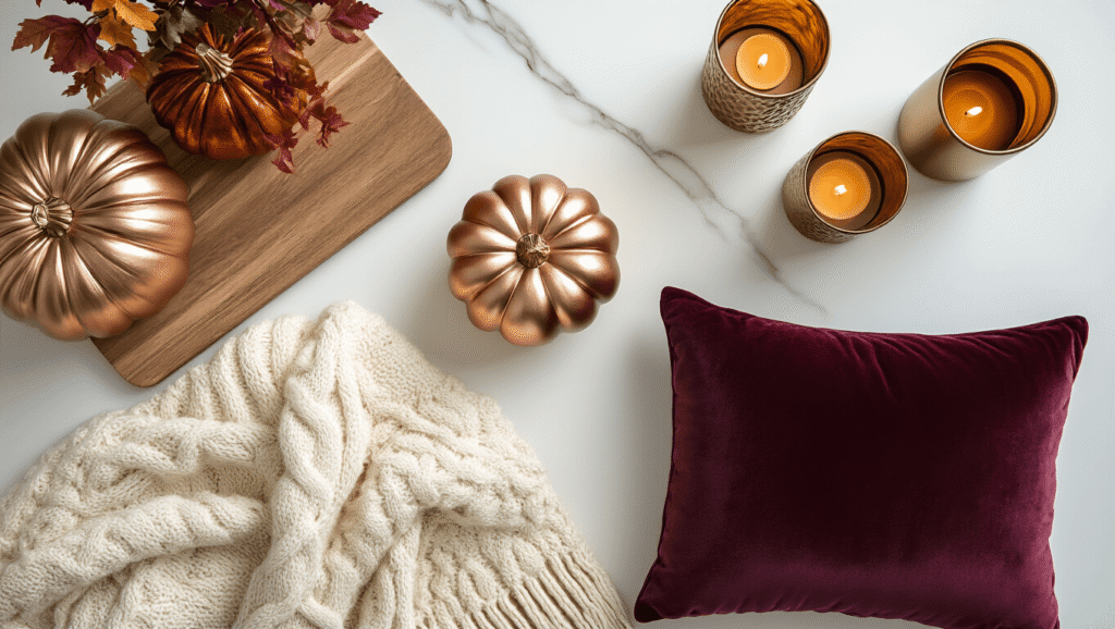 Cinematic close-up of modern fall decor flat lay on white marble, featuring metallic pumpkins, velvet pillows, knit blanket, brass candlesticks, and amber candles, with warm golden hour lighting and rich textures in autumn colors.