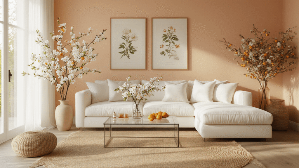Photorealistic living room interior featuring delicate white orange blossoms, a cream sectional sofa with white pillows, a glass coffee table with Citrus sinensis branches, warm hardwood floors, pale peach walls, vintage botanical prints, a jute area rug, sheer white curtains, and warm terracotta accents, all illuminated by golden sunlight.
