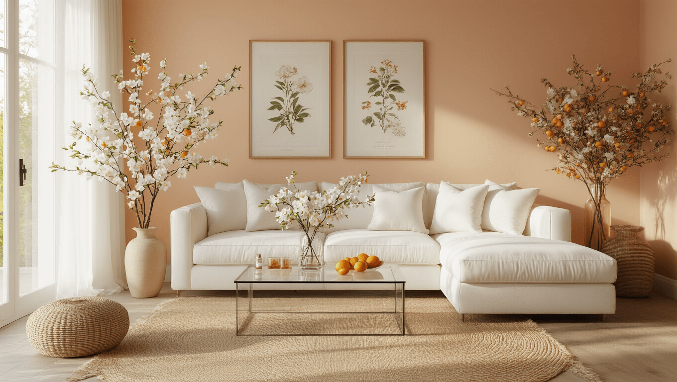Photorealistic living room interior featuring delicate white orange blossoms, a cream sectional sofa with white pillows, a glass coffee table with Citrus sinensis branches, warm hardwood floors, pale peach walls, vintage botanical prints, a jute area rug, sheer white curtains, and warm terracotta accents, all illuminated by golden sunlight.