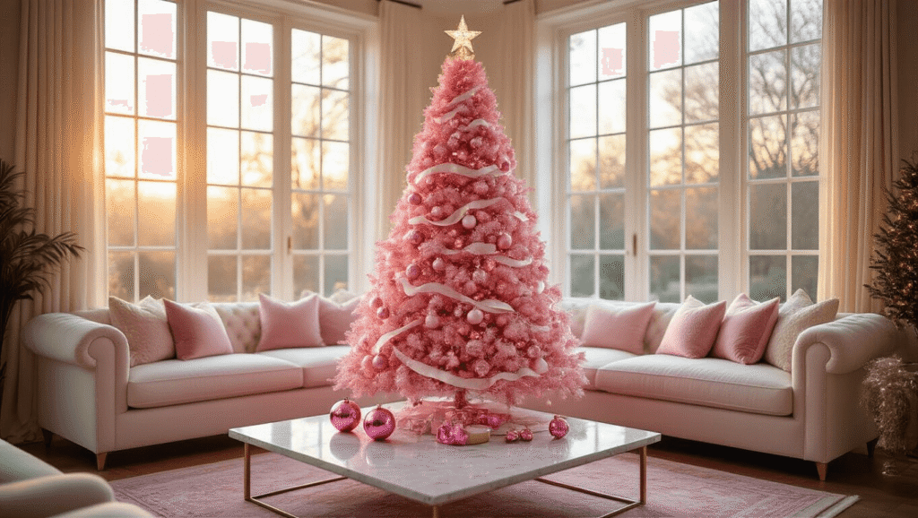 An elegant pink flocked Christmas tree adorned with glittery baubles and velvet ribbons is showcased in a luxurious living room, featuring a plush cream sectional sofa, marble coffee table with pink ornaments, and soft atmospheric lighting, creating a cozy holiday ambiance.