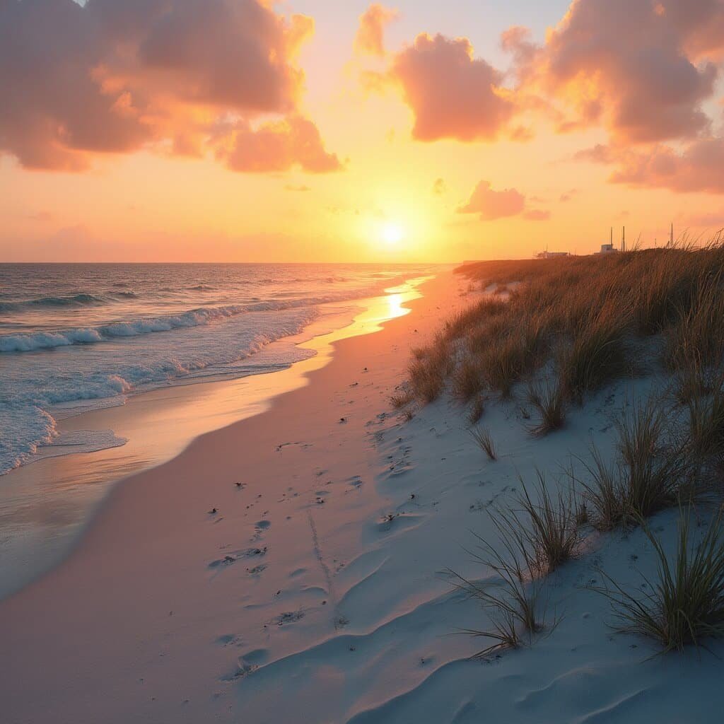 Sunrise at Playalinda Beach with sand dunes, sea oats, waves, distant silhouette of Kennedy Space Center and shorebirds