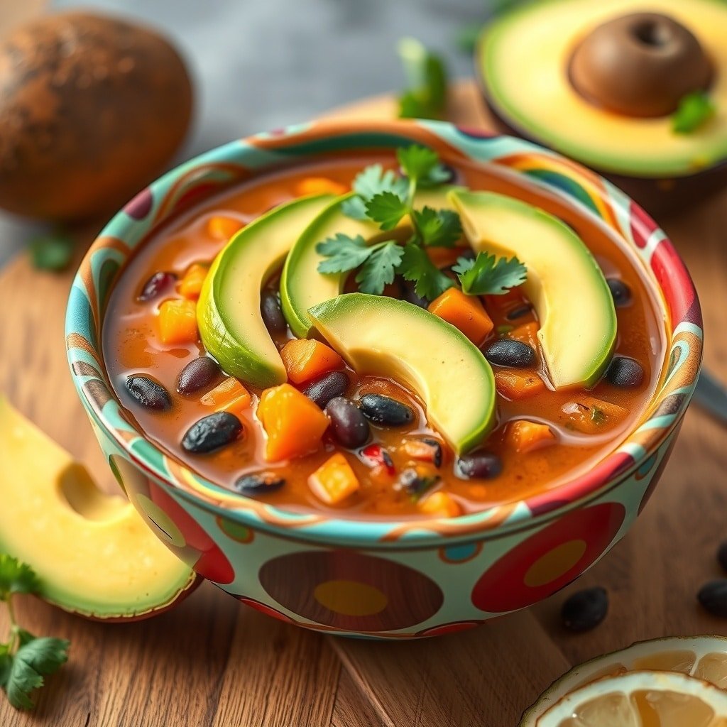 A bowl of sweet potato and black bean soup topped with avocado slices and cilantro, surrounded by fresh ingredients.