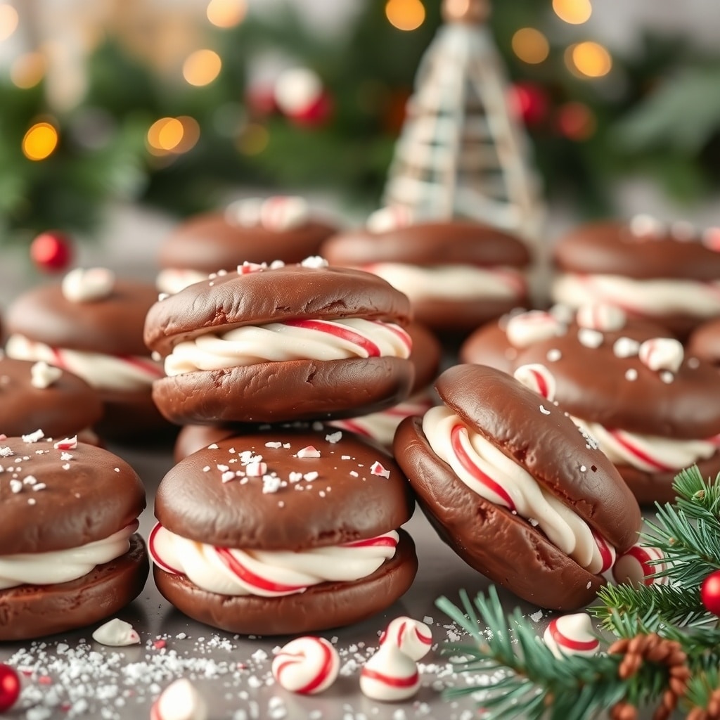 30 Delectable Christmas Cookie Recipes to Try This Holiday Season A close-up of chocolate peppermint sandwich cookies with festive decorations.