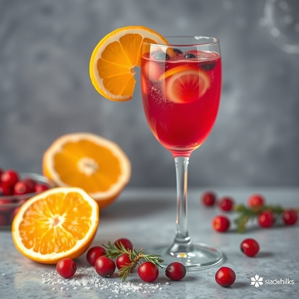 A glass of Cranberry Orange Mimosa with fresh cranberries and orange slices, perfect for winter cocktails.