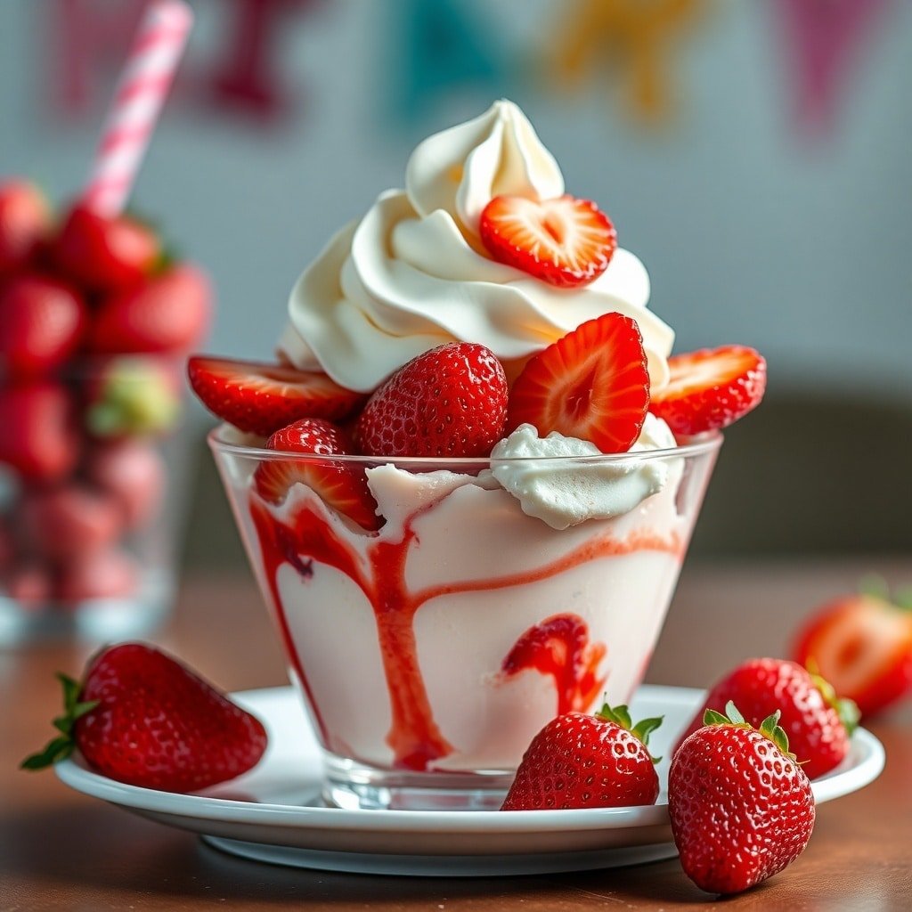 A delicious strawberry shortcake ice cream sundae topped with whipped cream and fresh strawberries.