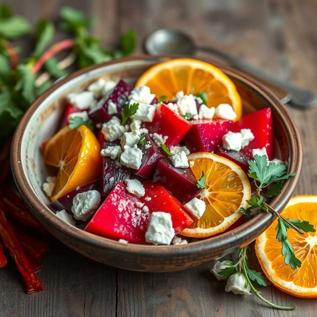 A vibrant beetroot and citrus salad with orange segments, feta cheese, and fresh parsley in a bowl.