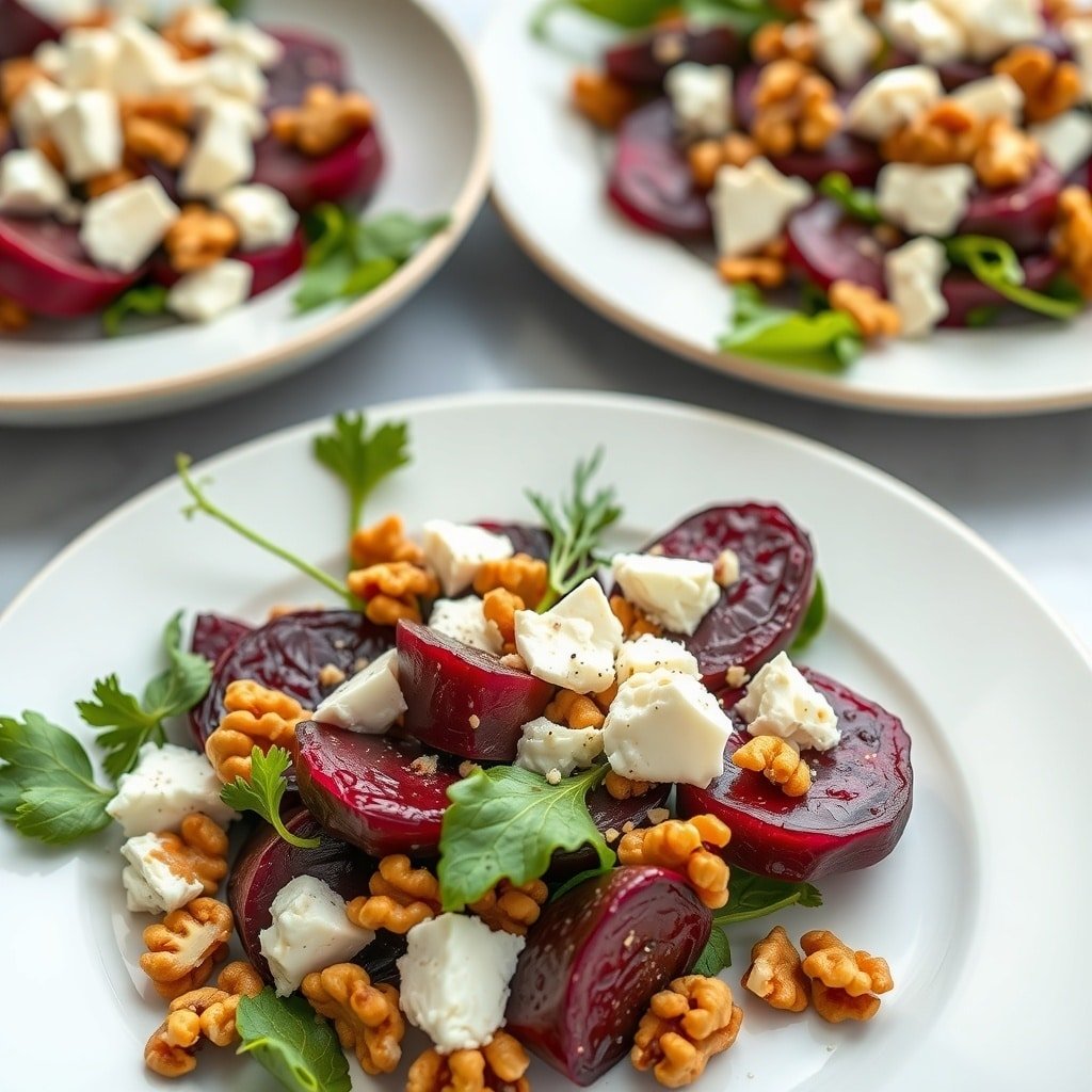 A colorful roasted beet and goat cheese salad with walnuts and greens on a white plate.