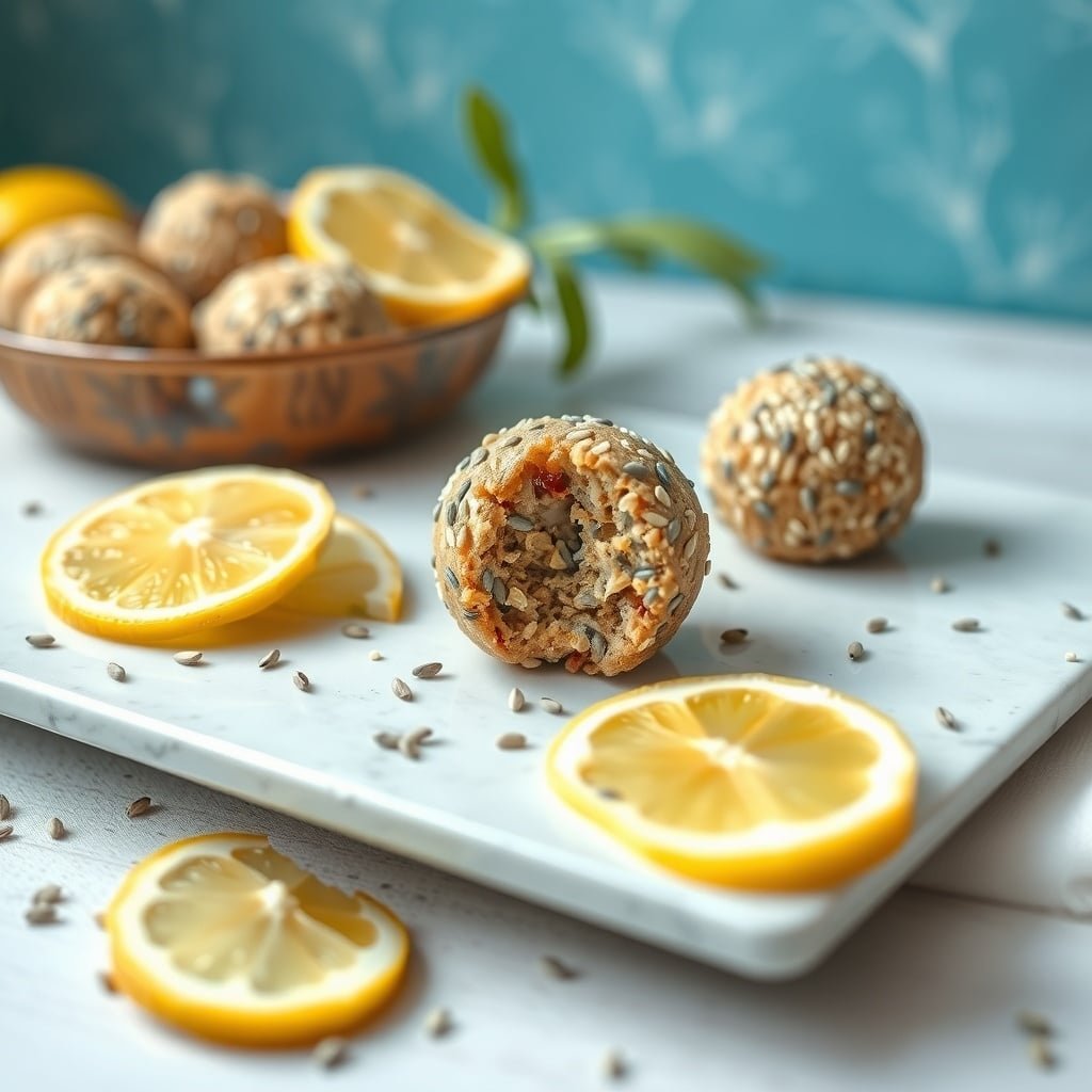 Lemon poppy seed protein balls with lemon slices