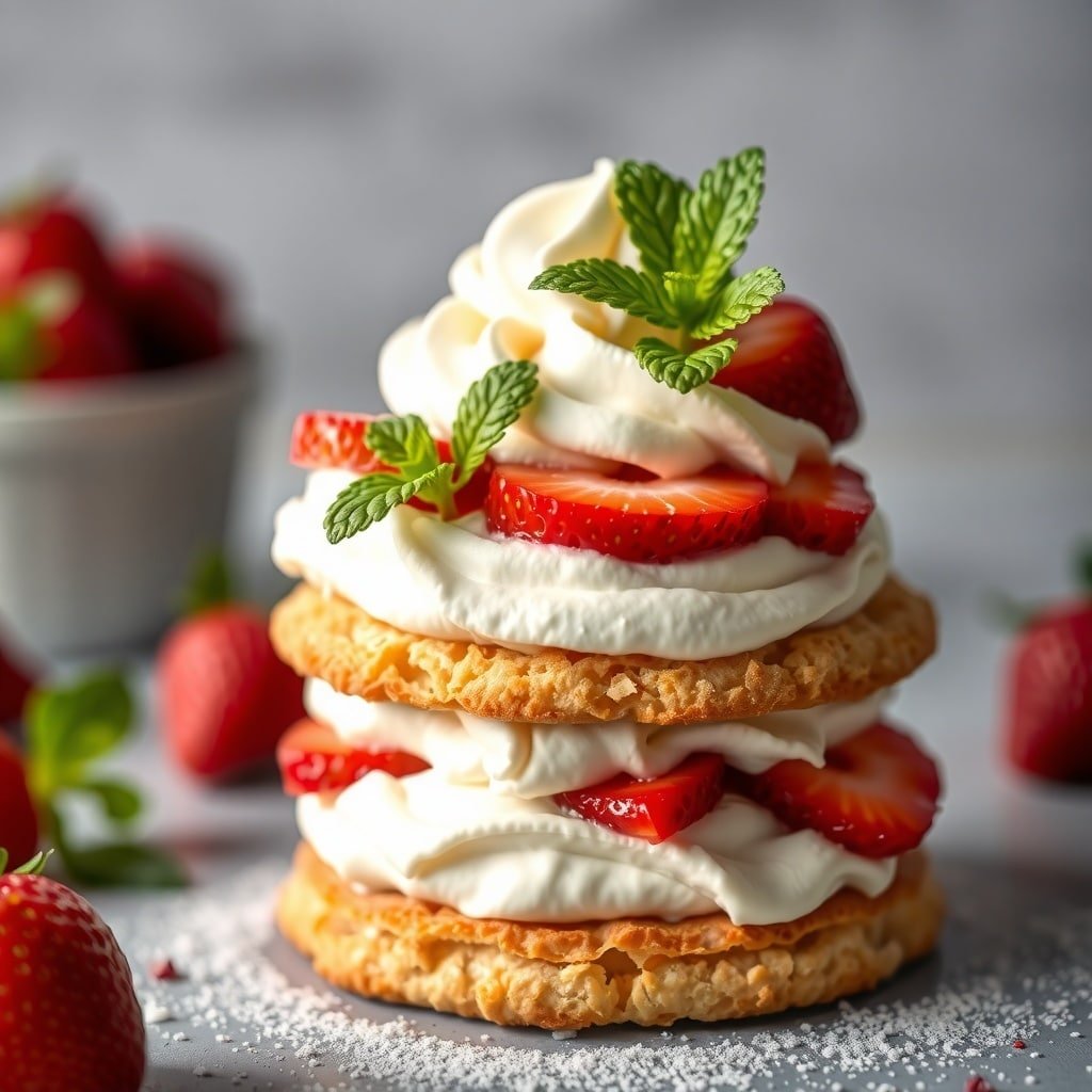 A delicious strawberry shortcake with biscuit base, topped with whipped cream and fresh strawberries.