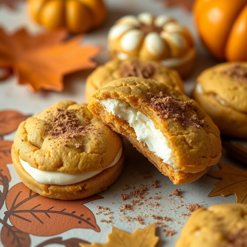 Delicious pumpkin cheesecake cookies with cream filling, surrounded by fall decorations.
