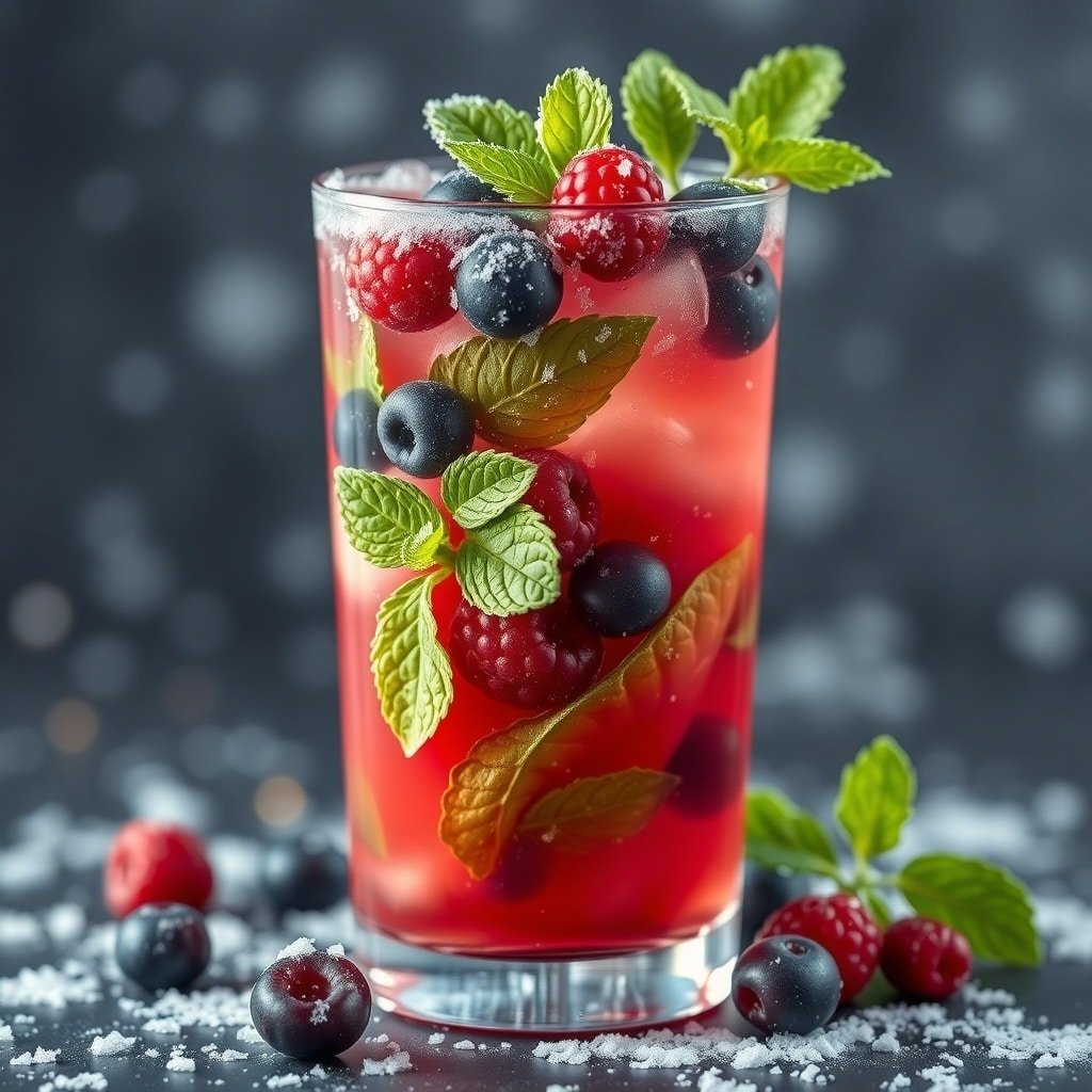 A vibrant Frosted Berry Mojito cocktail garnished with fresh mint and berries.