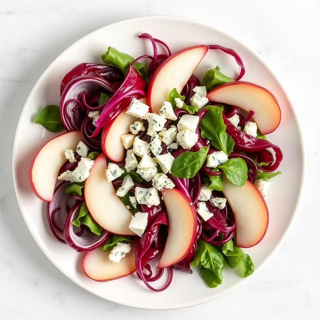 A vibrant radicchio and pear salad with spinach, blue cheese, and walnuts on a white plate.