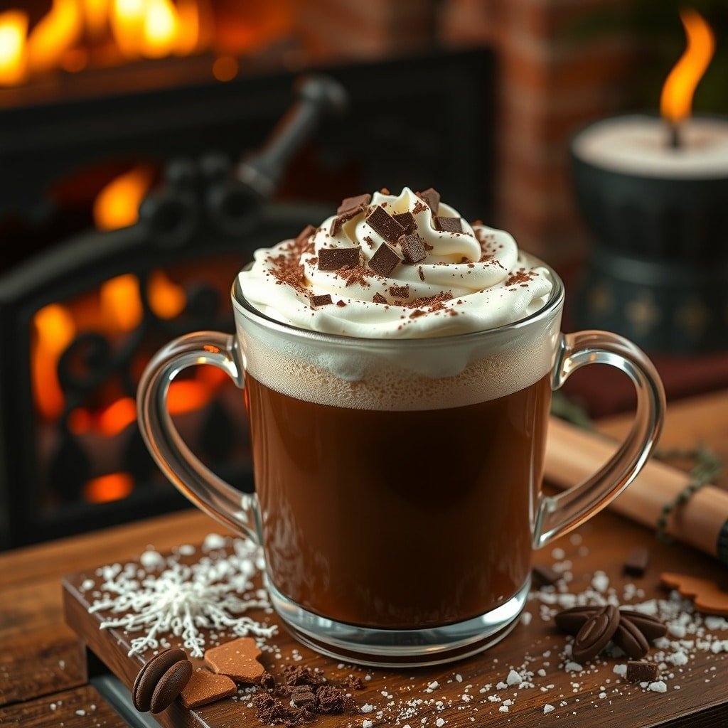 A cozy mug of Hot Chocolate Irish Coffee topped with whipped cream and chocolate shavings, sitting by a warm fireplace.