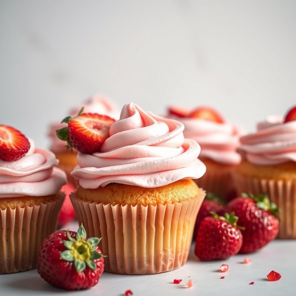 Delicious strawberry shortcake cupcakes with pink frosting and fresh strawberries on top.