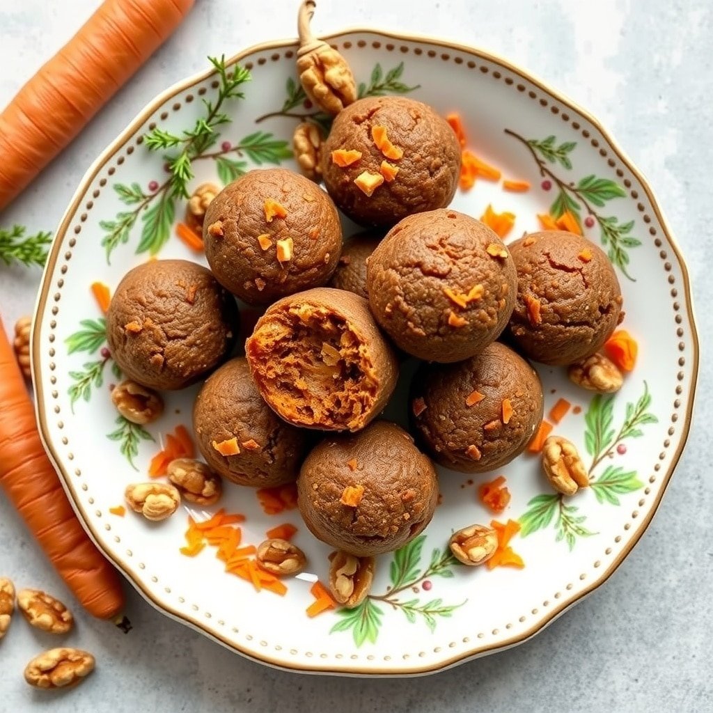 A plate of carrot cake protein balls with grated carrots and walnuts.