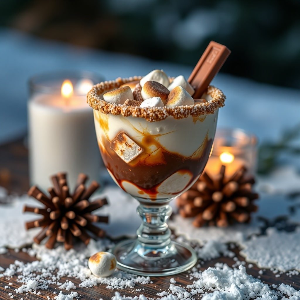 A S'mores Cocktail with marshmallows and chocolate, surrounded by winter decor.