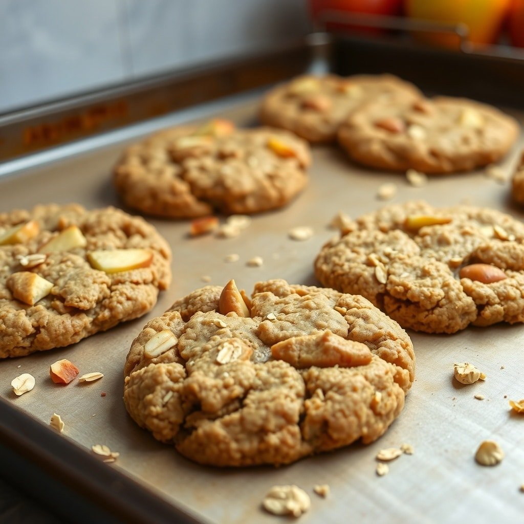 Freshly baked apple cinnamon oatmeal cookies on a baking sheet. Fall Cookie