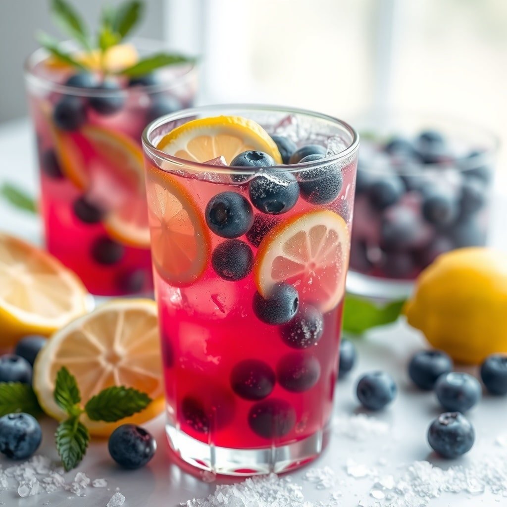 A refreshing glass of frosty blueberry lemonade with lemon slices and blueberries
