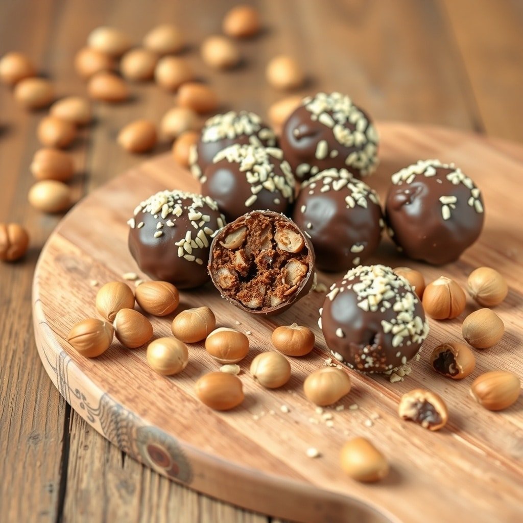 Chocolate hazelnut protein balls on a wooden platter with hazelnuts