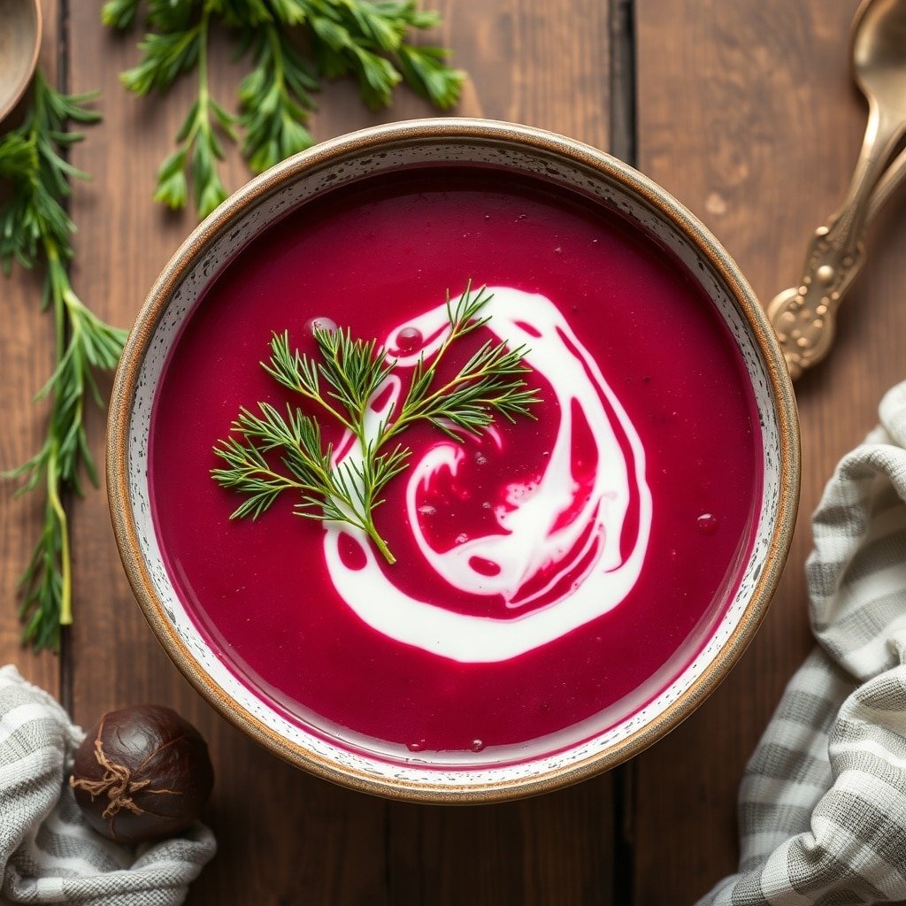 A bowl of beet and dill soup garnished with dill and a swirl of cream on a wooden table.