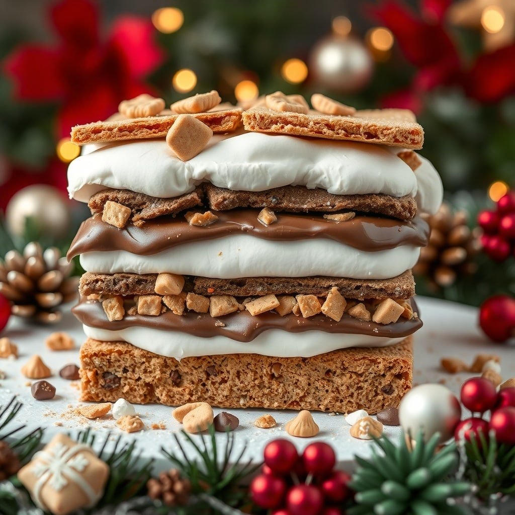 A festive S'mores Christmas Cake with layers of chocolate, marshmallow, and graham crackers, decorated with holiday ornaments.