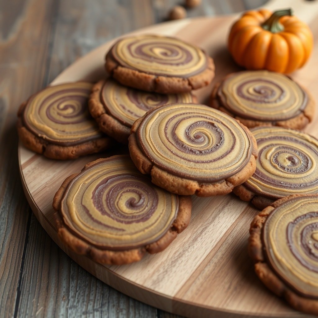 Chocolate pumpkin swirl cookies on a wooden platter with a small pumpkin in the background.