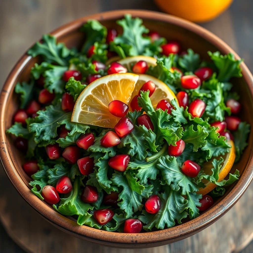A bowl of citrus kale salad with pomegranate seeds and orange slices.