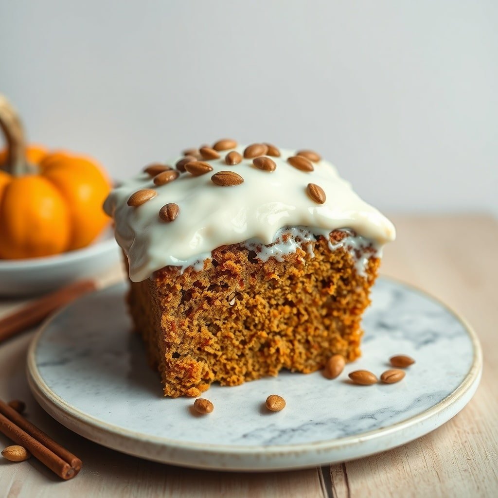 A slice of pumpkin spice cake topped with cream cheese frosting and pumpkin seeds, with pumpkins in the background.