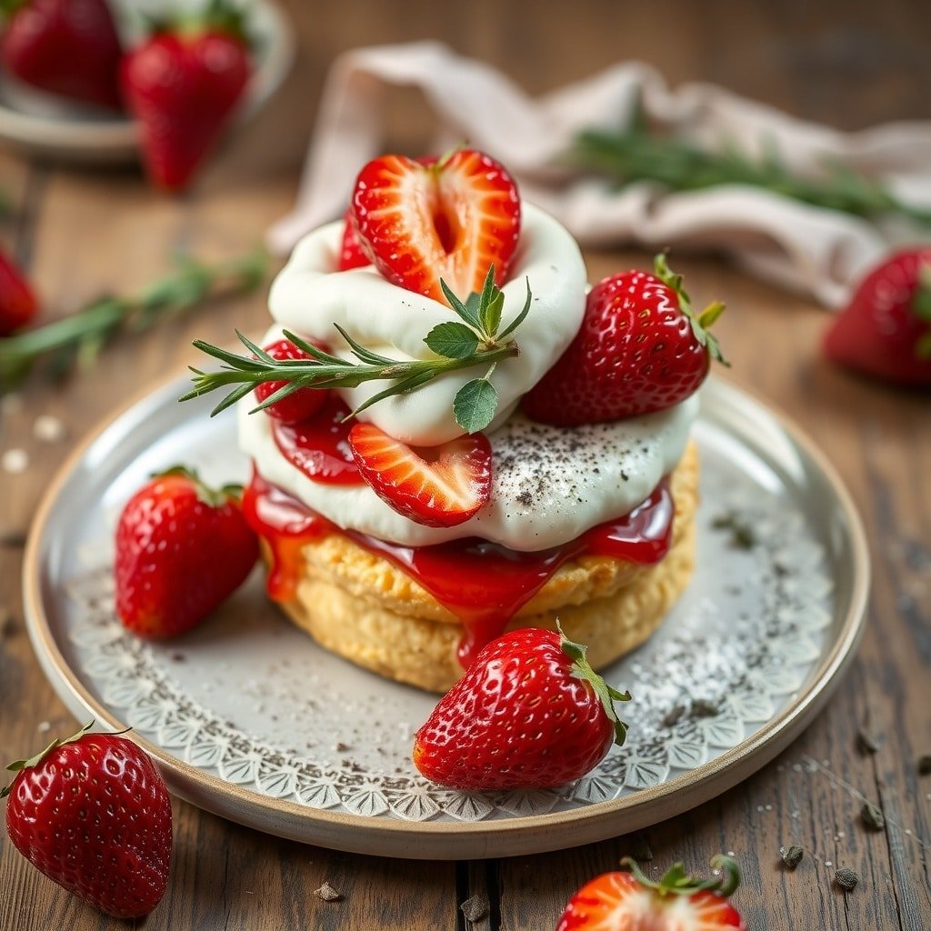 A delicious strawberry shortcake topped with fresh strawberries and whipped cream, garnished with herbs.
