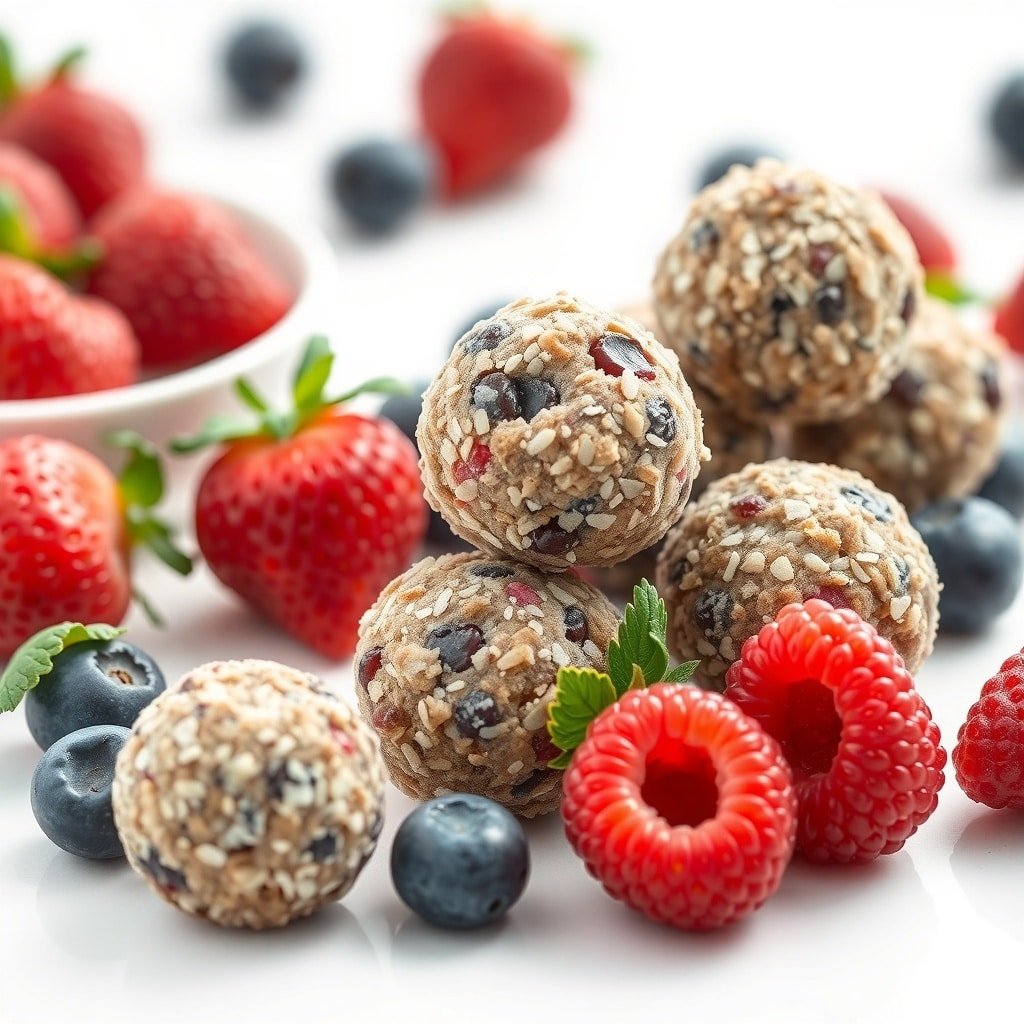 A close-up of berry blast protein balls surrounded by fresh strawberries, blueberries, and raspberries.