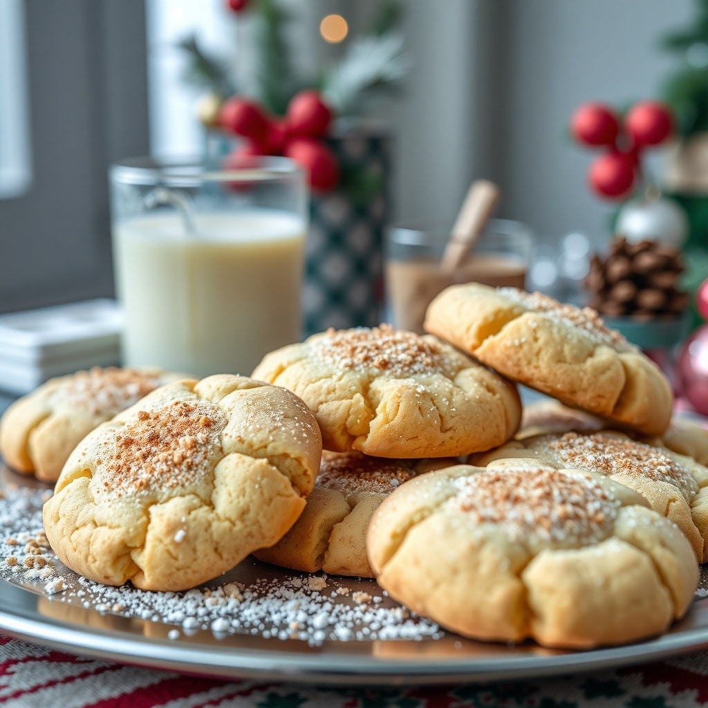 30 Delectable Christmas Cookie Recipes to Try This Holiday Season A platter of Eggnog Snickerdoodles with a glass of milk, decorated for Christmas.