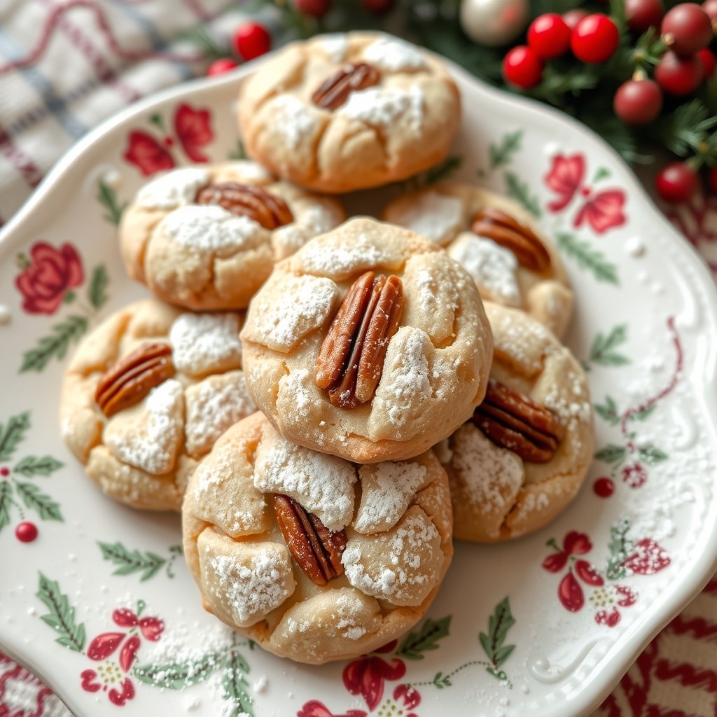 30 Delectable Christmas Cookie Recipes to Try This Holiday Season A plate of Pecan Sandies cookies with a dusting of powdered sugar and whole pecans on top