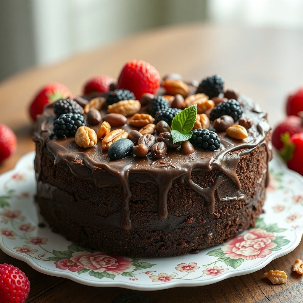 A beautifully decorated Fruit and Nut Chocolate Cake topped with berries and nuts on a floral plate.