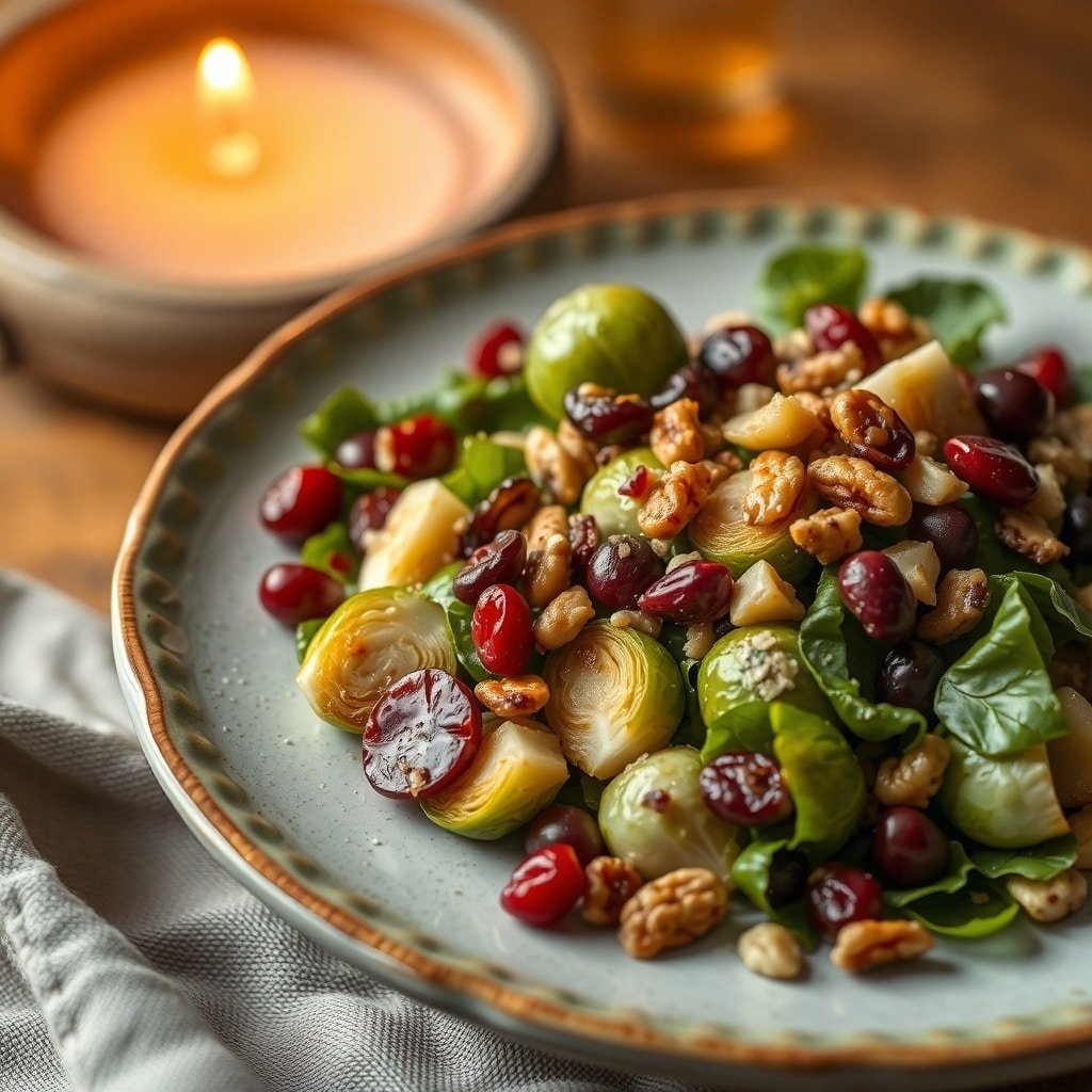 A vibrant winter salad featuring roasted Brussels sprouts, cranberries, and walnuts on a plate.