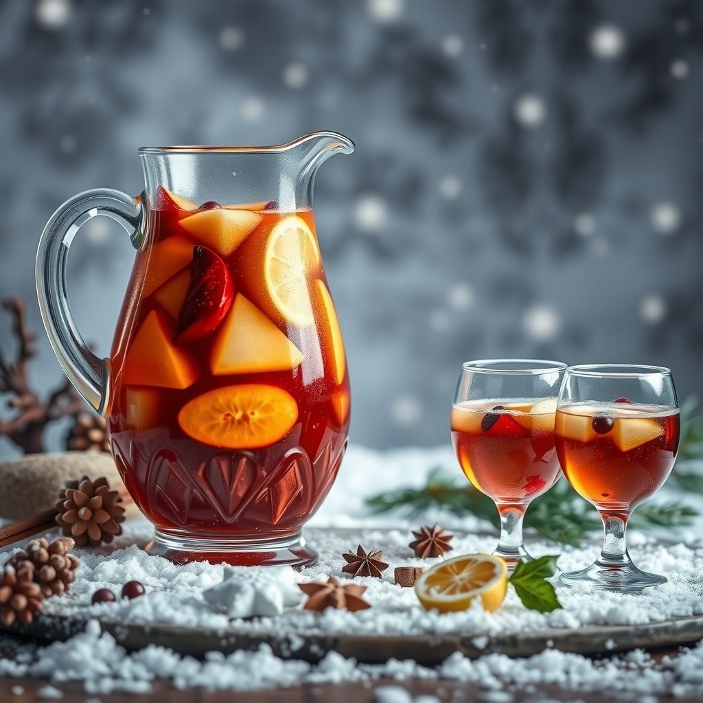 A pitcher of Winter Spiced Sangria with fruit slices and two glasses, set against a snowy background.