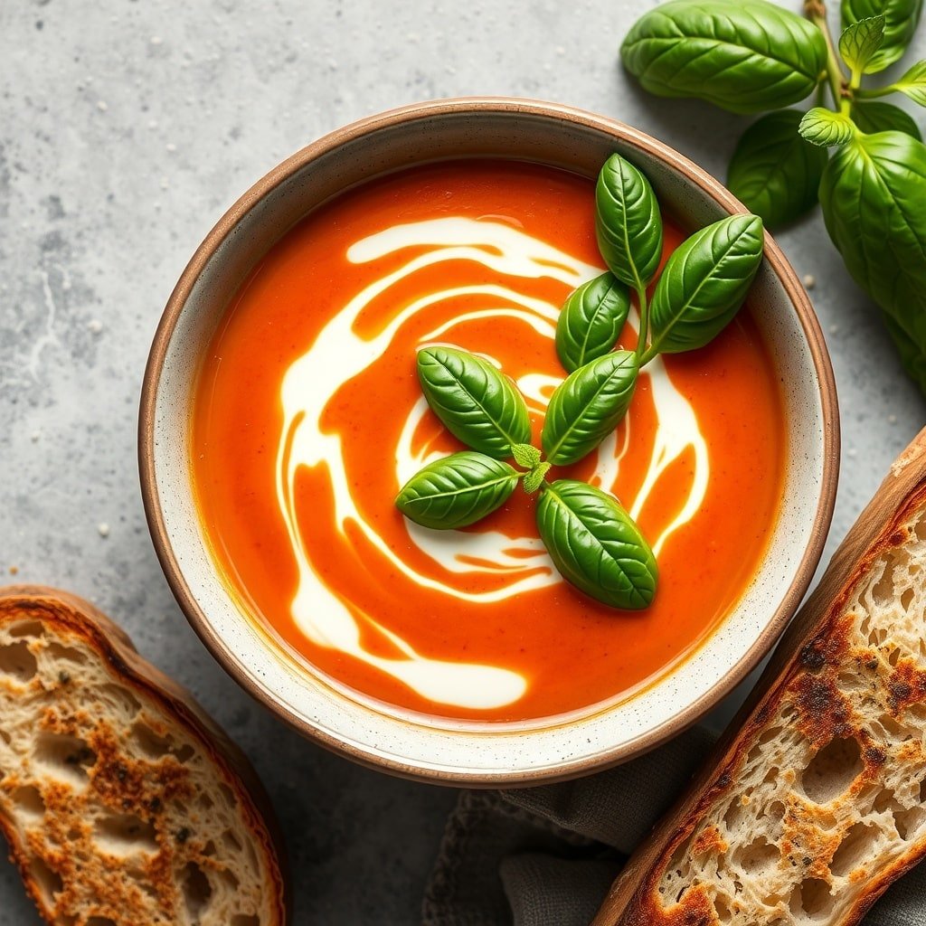 A bowl of creamy tomato basil soup garnished with fresh basil leaves, served with a slice of crusty bread.