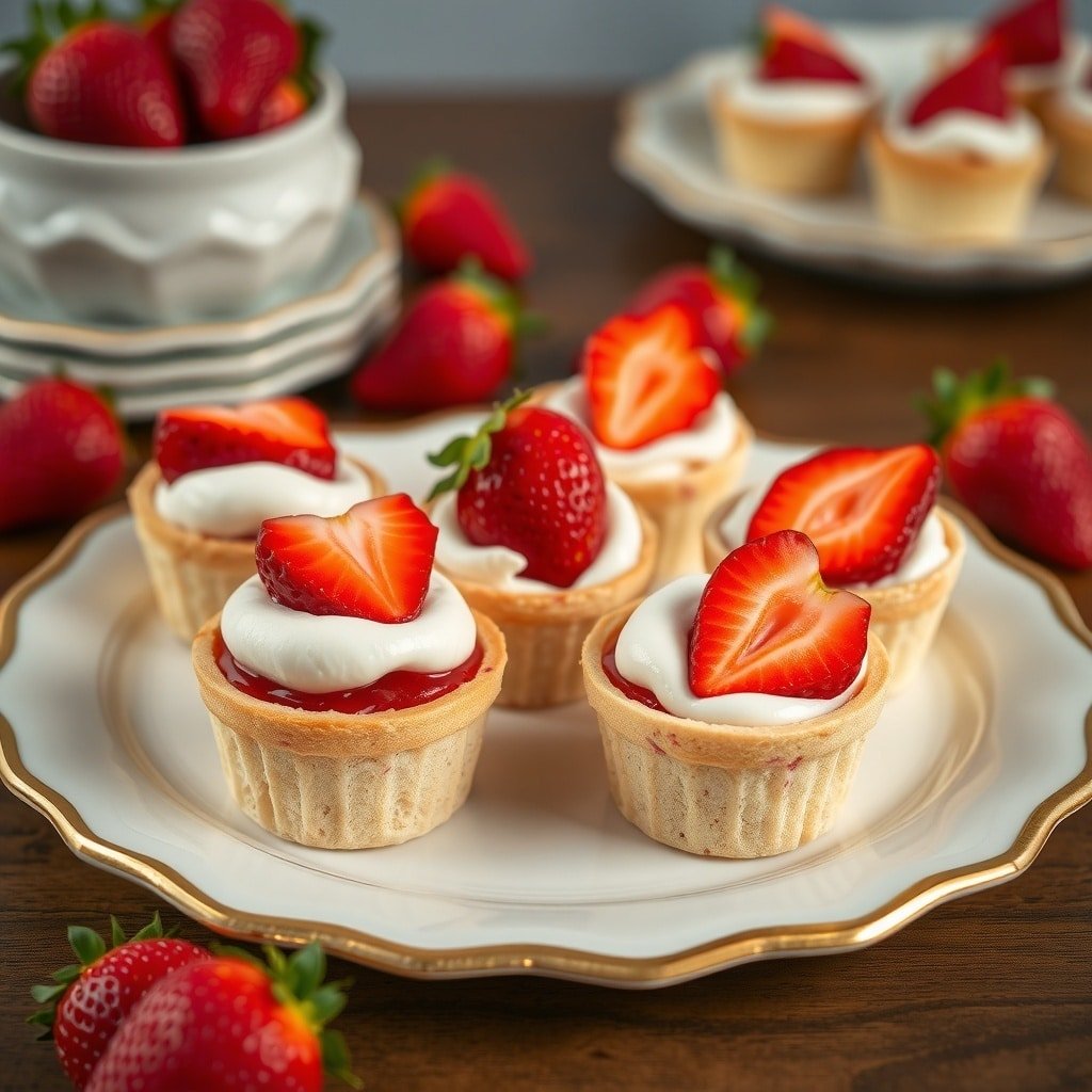 Mini strawberry shortcake cups topped with whipped cream and fresh strawberries