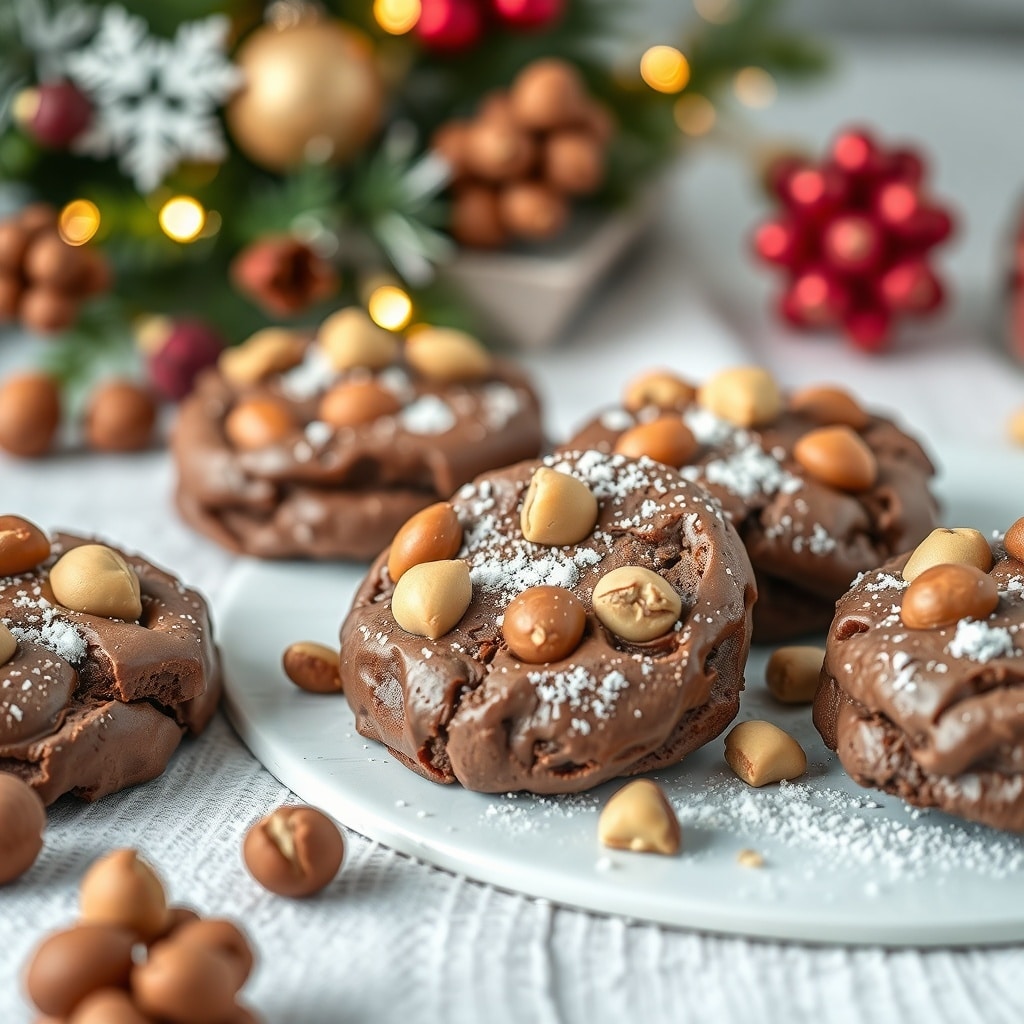 30 Delectable Christmas Cookie Recipes to Try This Holiday Season A plate of hazelnut chocolate cookies decorated with nuts and powdered sugar, surrounded by festive decorations.