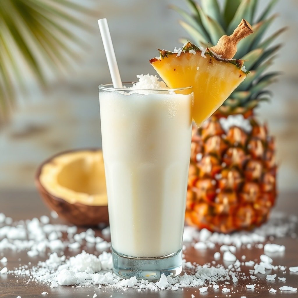 A refreshing Coconut Cream Winter Colada in a tall glass with a slice of pineapple and coconut flakes, set against a backdrop of a pineapple.