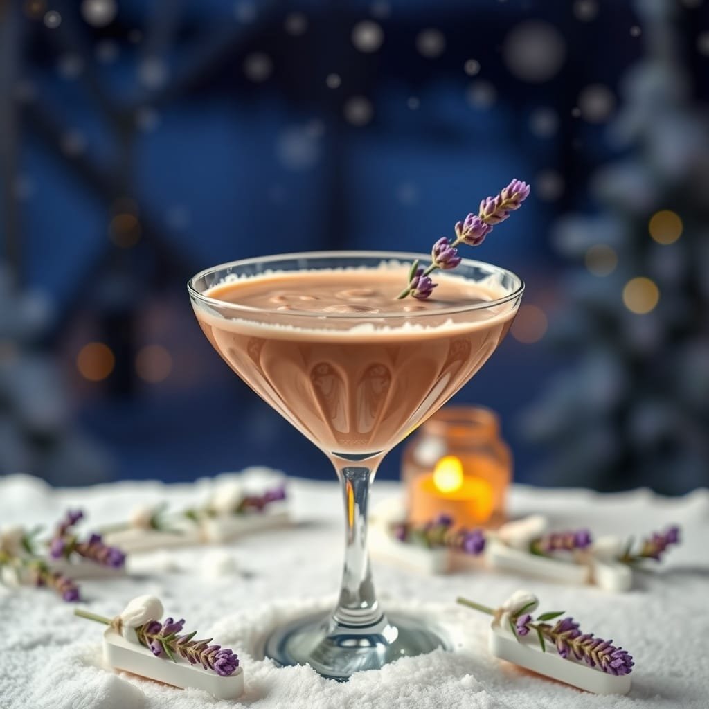 A Lavender Hot Chocolate Martini garnished with lavender sprigs, set against a snowy backdrop.