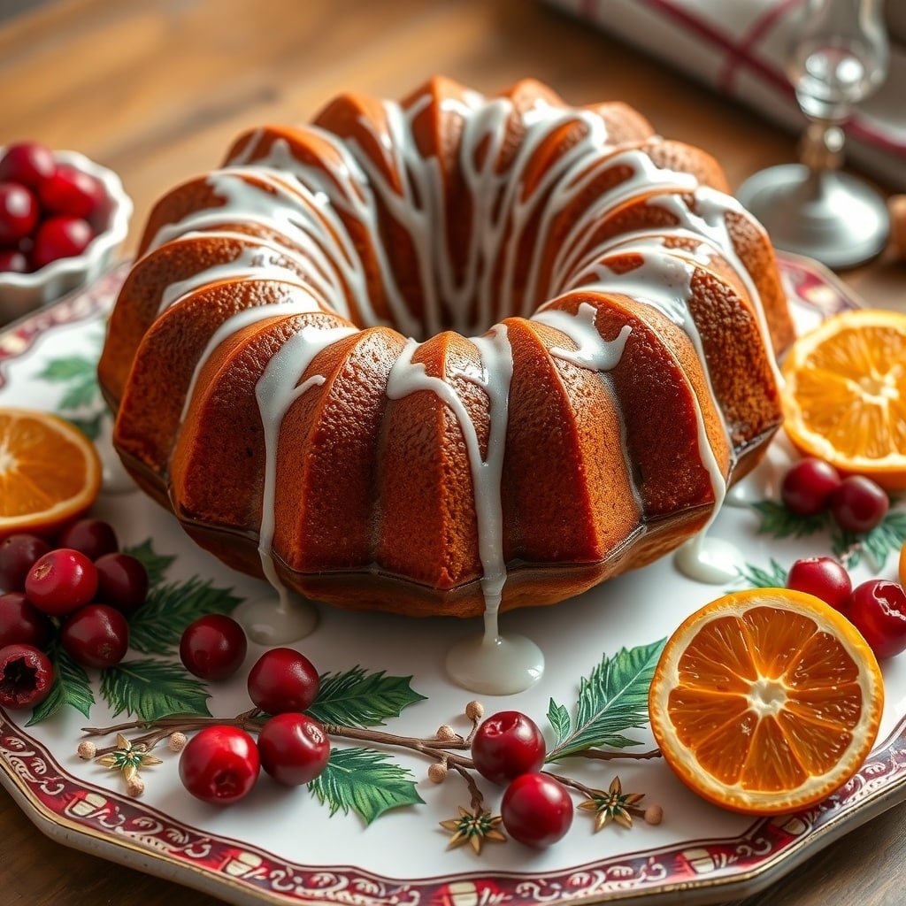 Cranberry Orange Bundt Cake decorated with cranberries and orange slices. Christmas Cake Ideas
