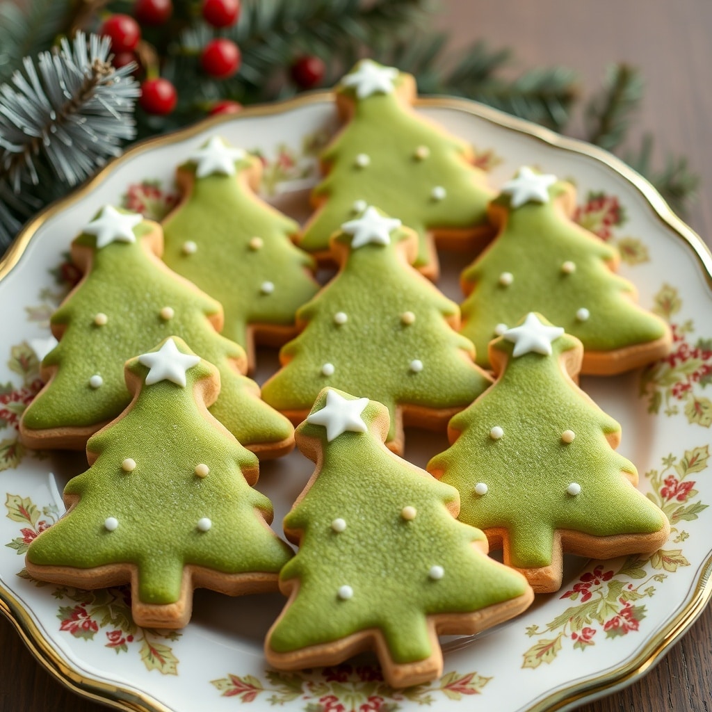 30 Delectable Christmas Cookie Recipes to Try This Holiday Season A plate of matcha green tea cookies shaped like Christmas trees, decorated with white stars and sprinkles.